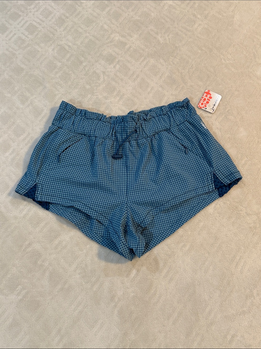 NWT free people movement Blue Gingham mini Drawstring athletic Shorts size small